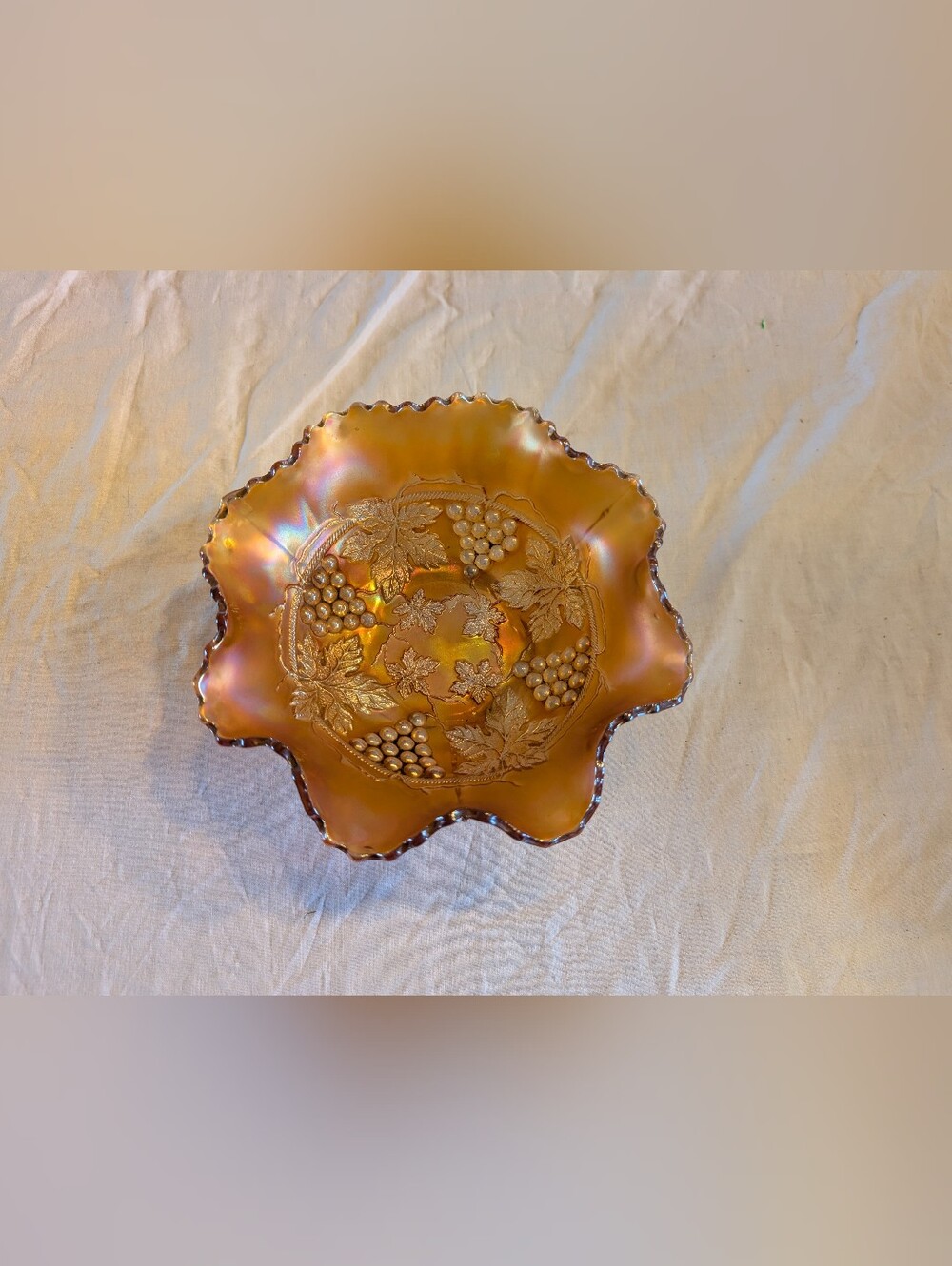2/60$ Vintage Iridescent Amber Carnival Glass candy Bowl with Grape Motif